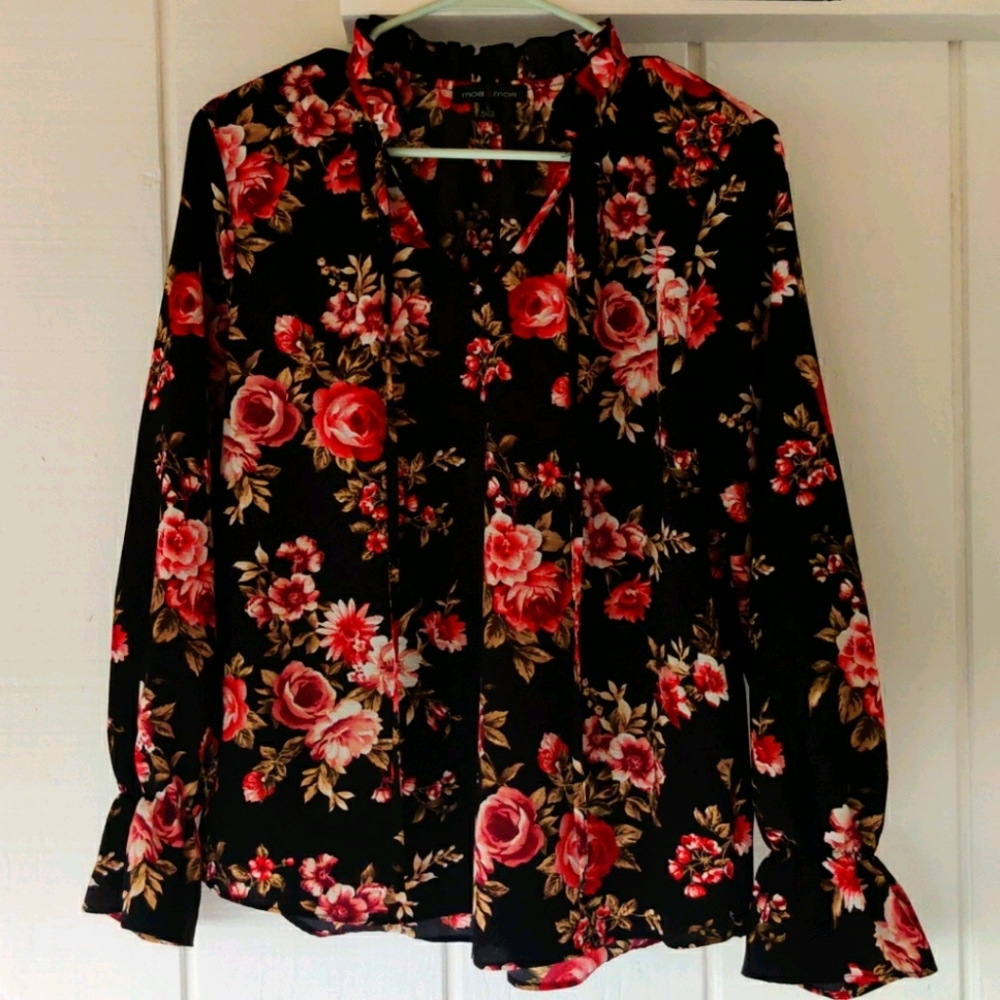 Floral black with red roses print Long Sleeve Blou